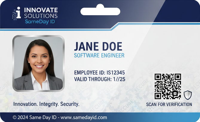 A professional sample ID card design for an employee named Jane Doe.