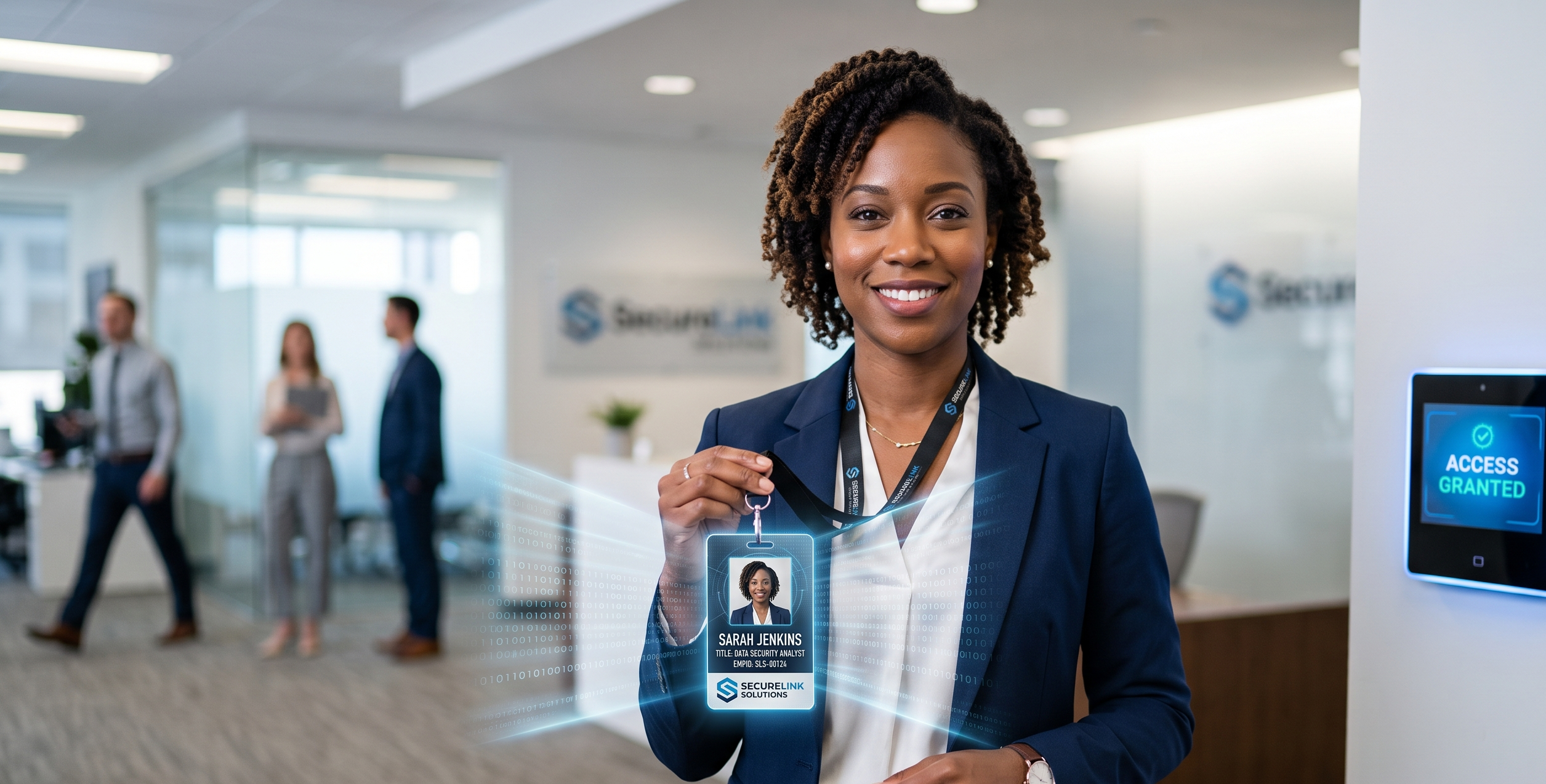 A professional business setting where an employee in a crisp suit is confidently displaying a sleek, modern ID card attached to a lanyard. The ID card features a company logo, employee photo, and name, subtly glowing with a digital overlay effect. In the 